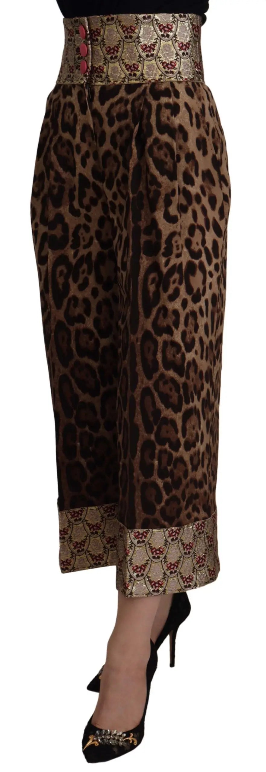 Pantalon dolce & gabbana marron léopard taille haute avec taille et ourlet dorés en jacquard satin élégant