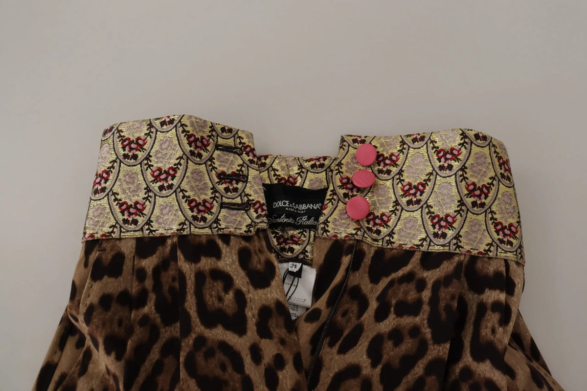 Dolce & gabbana pantalon jacquard marron leopard taille haute avec ceinture a motifs boutons roses et broderie florale