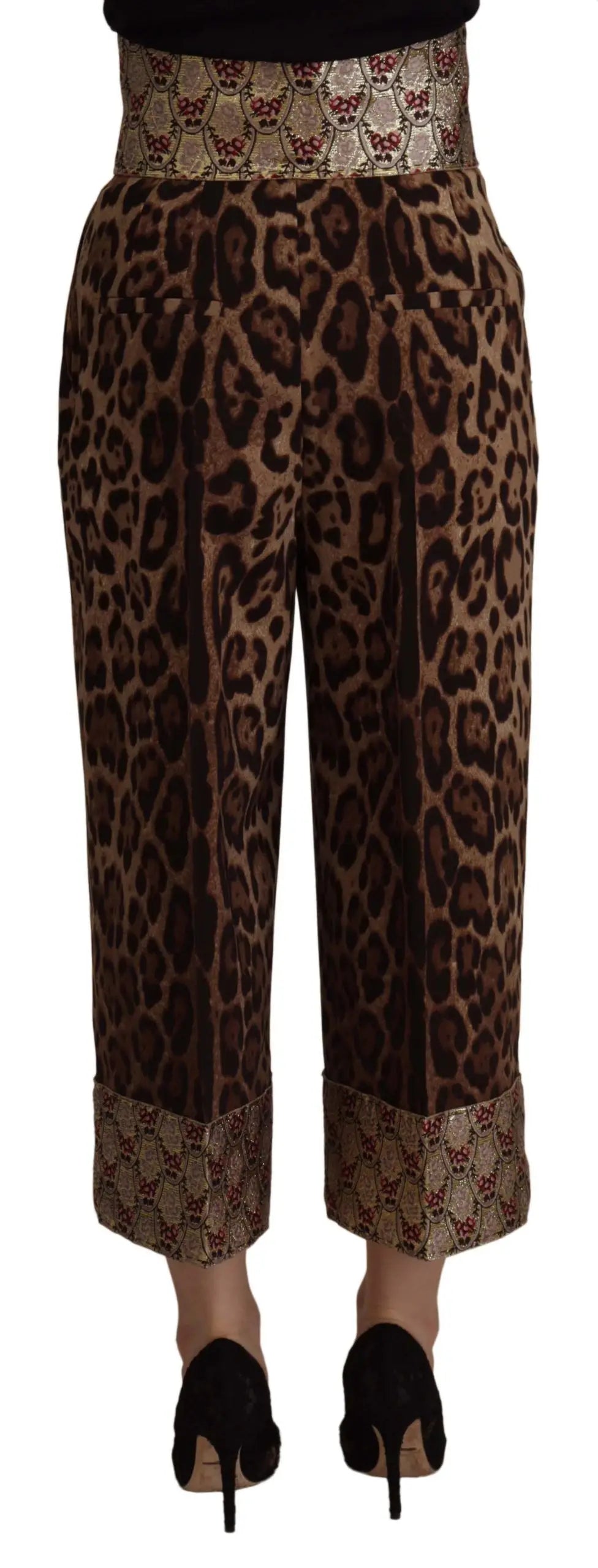 Pantalon large dolce & gabbana à taille haute brun imprimé léopard avec ceinture et poignets dorés métalliques en jacquard