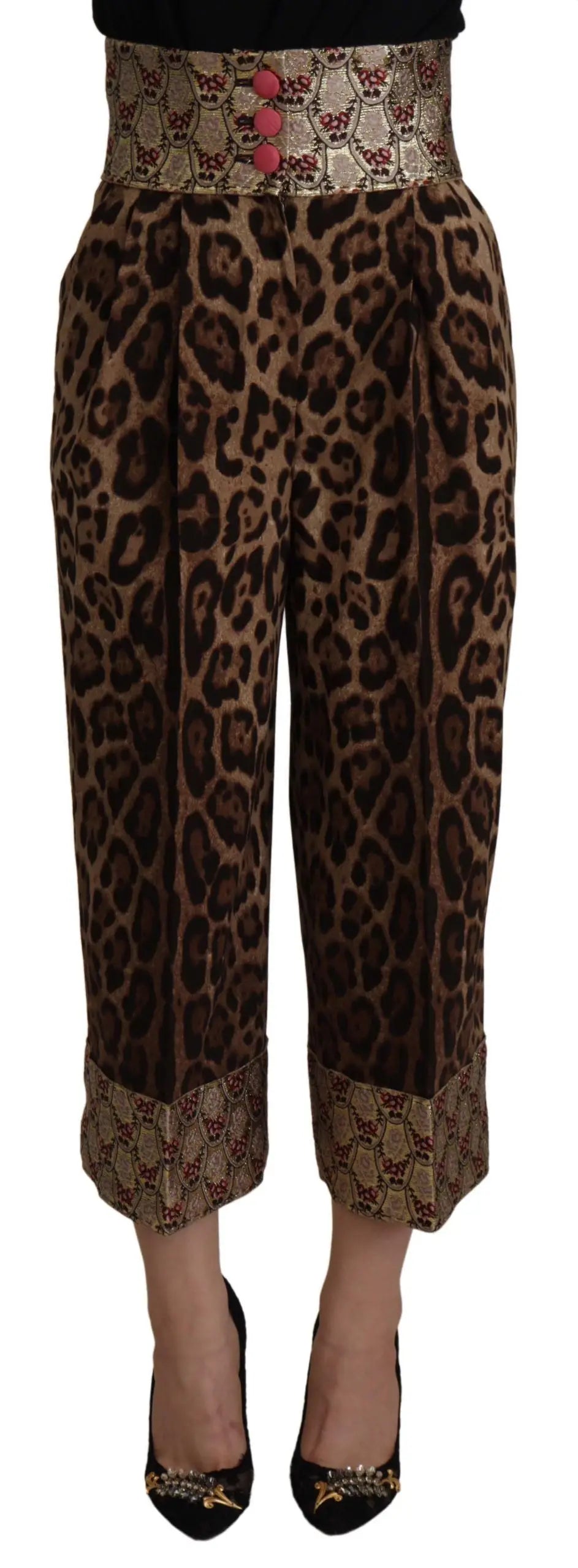 Pantalon capri dolce & gabbana marron imprimé léopard avec ceinture jacquard dorée et boutons roses