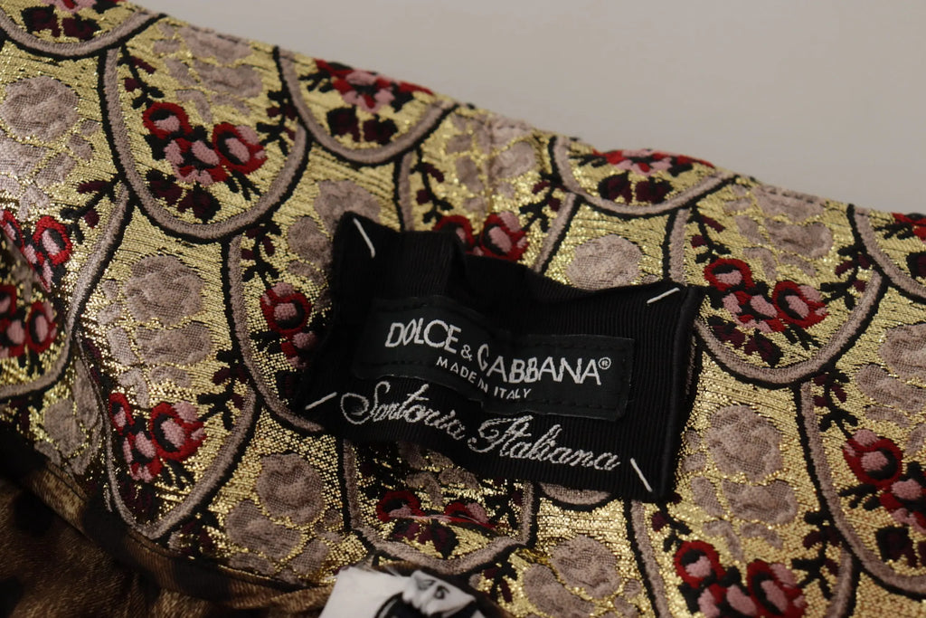 Dolce & gabbana pantalons taille haute en jacquard or marron léopard avec motif floral doré rouge et beige et étiquette noire
