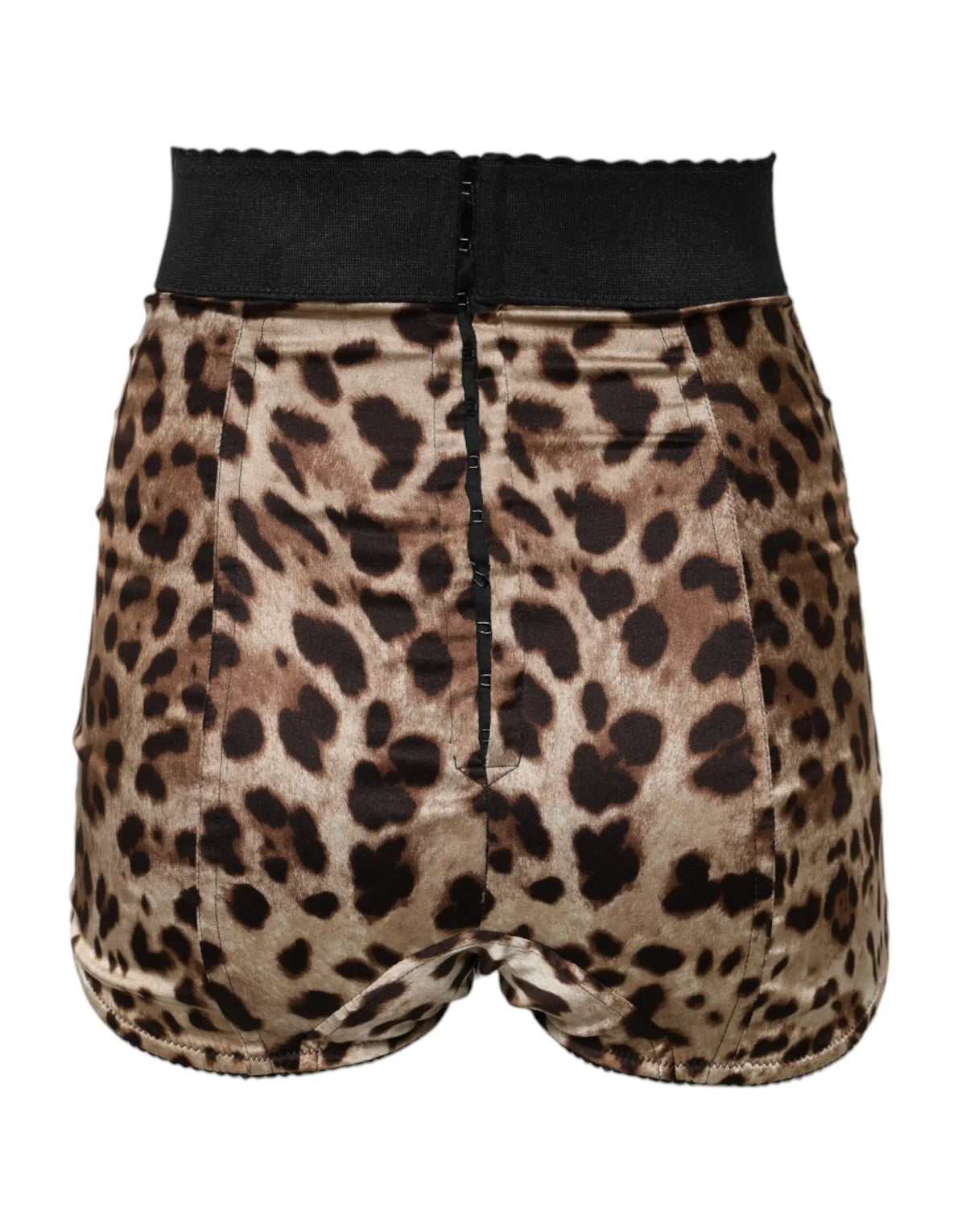 Shorts dolce & gabbana en satin imprimé léopard marron avec taille haute, ceinture élastique noire et fermeture éclair dos
