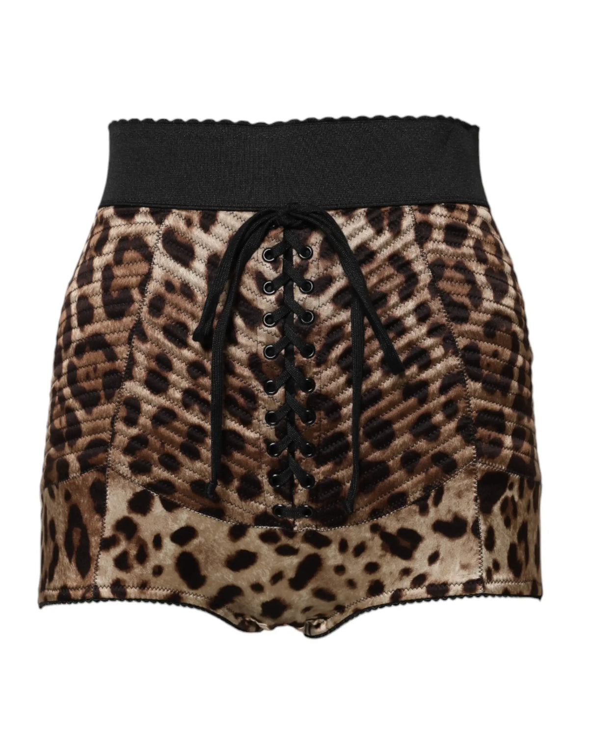 Mini jupe leopard dolce & gabbana marron a taille haute avec ceinture elastique noire et detail lacage devant