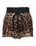 Dolce & gabbana short taille haute léopard marron avec ceinture élastique noire et laçage avant en mini jupe