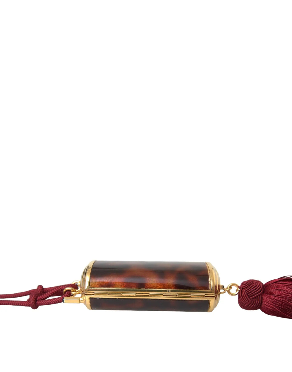 Compact dolce & gabbana en léopard marron avec miroir mini et pompon rouge, bordures métal doré tortue