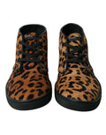 Dolce & gabbana sneakers en cuir pony hair marron à imprimé léopard noir avec lacets et semelles noires hautes