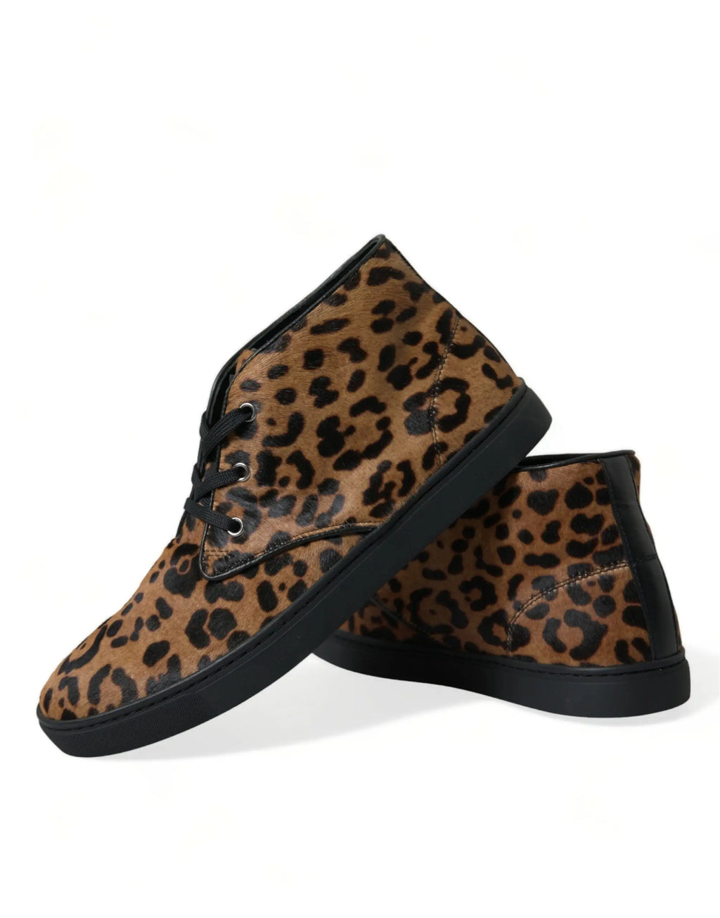 Dolce & gabbana sneakers en cuir pony hair brun à imprimé léopard avec lacets et semelles noirs