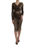 Robe midi moulante à manches longues leopard marron dolce gabbana avec décolleté en v et fronces sur le buste