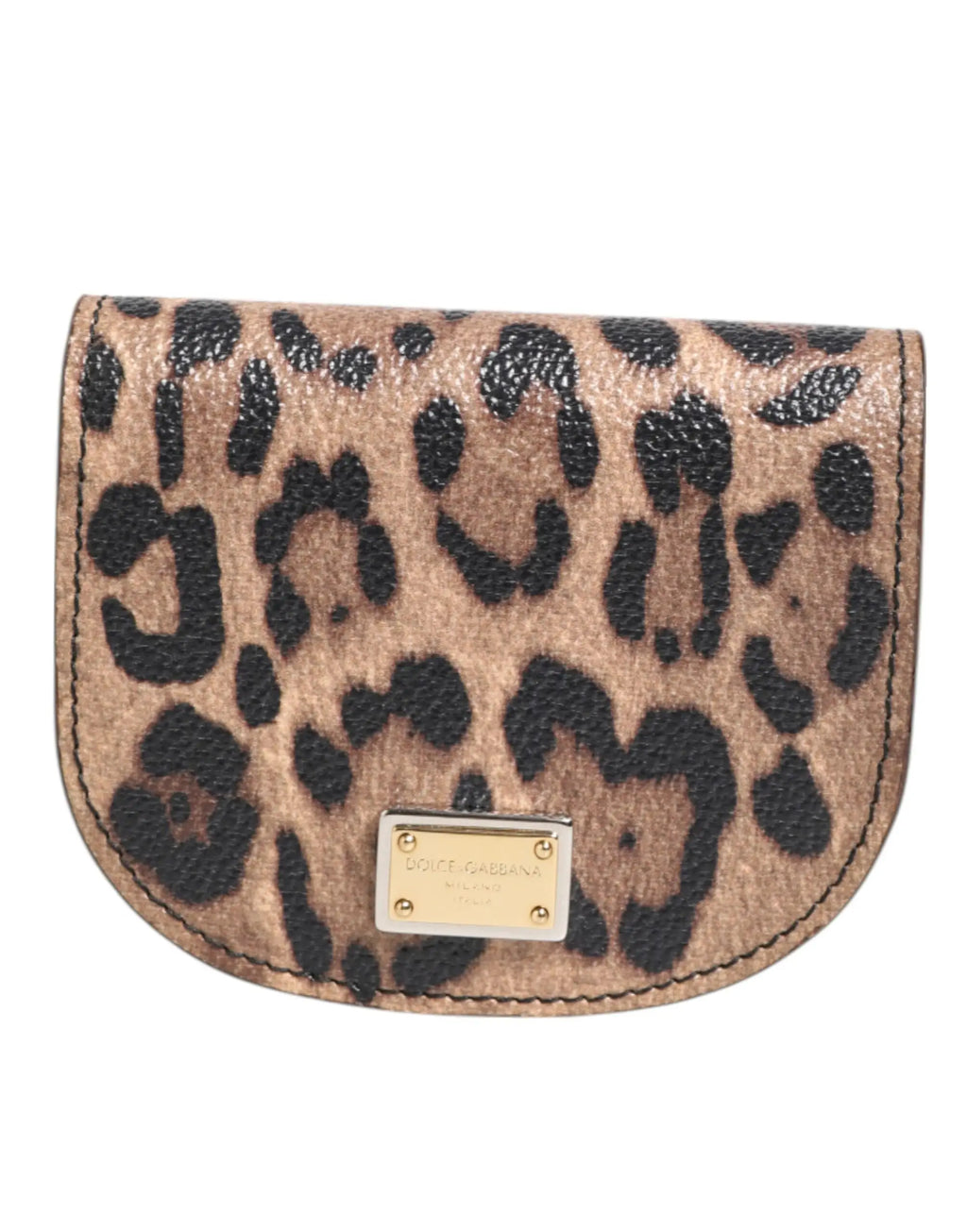 Portefeuille petit porte-monnaie en cuir de veau imprimé léopard marron tan et noir avec plaque métal doré dolce & gabbana