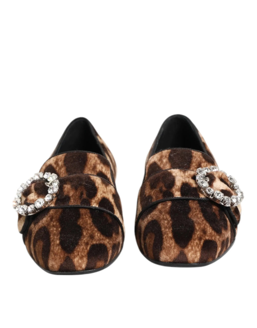 Dolce & gabbana chaussures plates marron en velours imprimé léopard avec boucles circulaires incrustées de cristaux