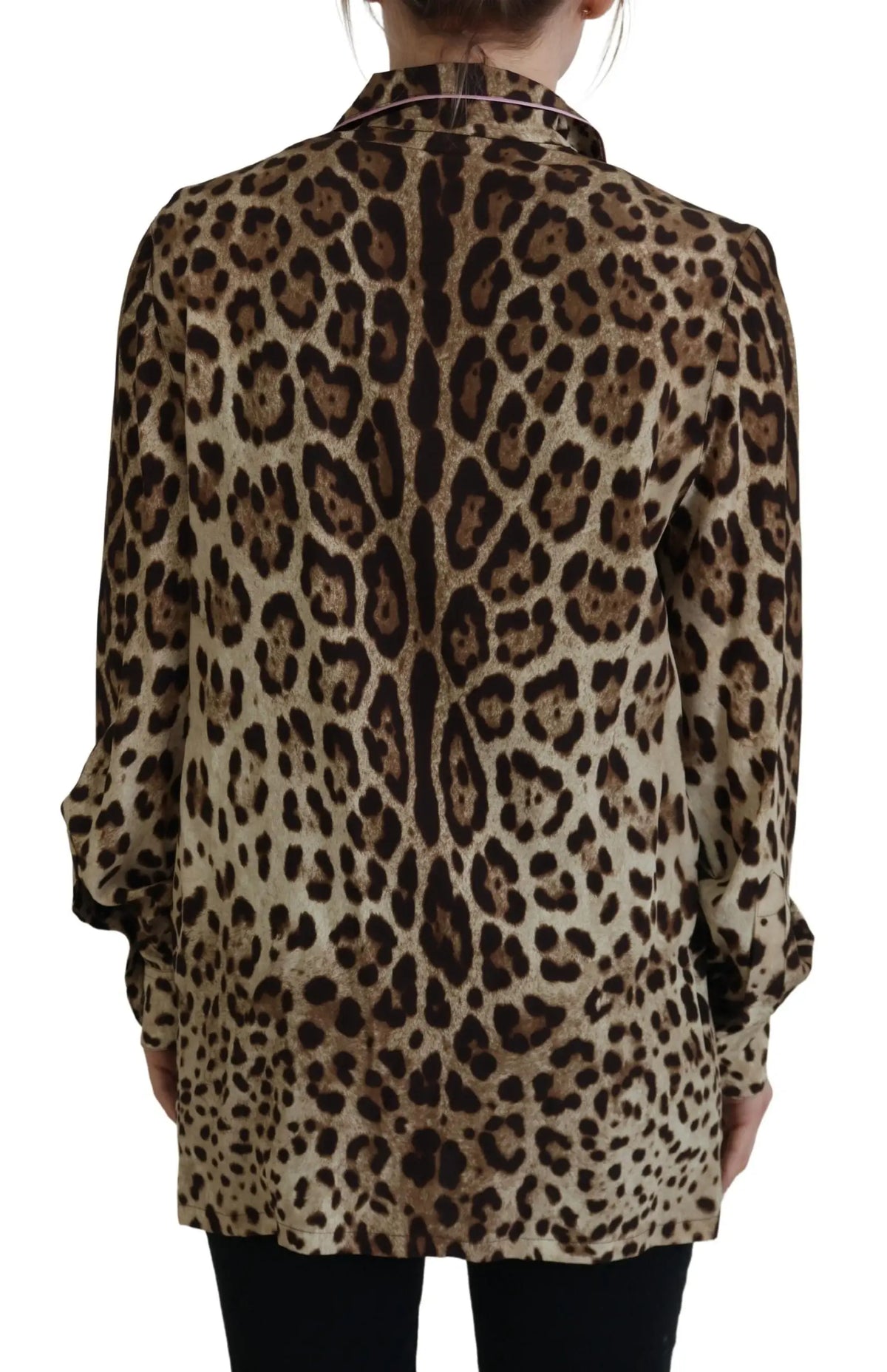 Blouse à manches longues dolce & gabbana en soie légère à imprimé léopard marron et camel avec col classique