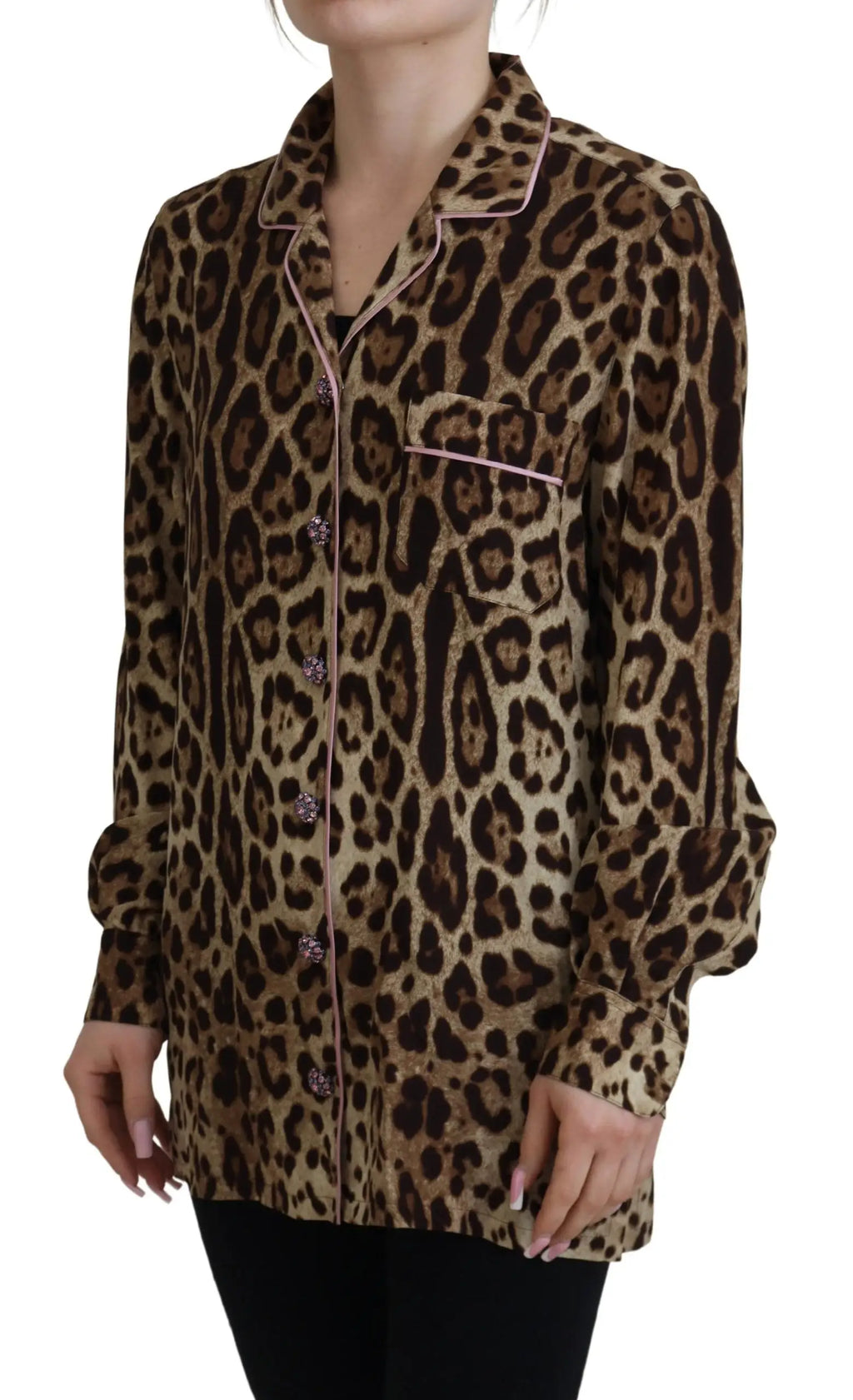 Dolce & gabbana blouse manches longues imprimé léopard marron avec piping rose contrastant col et poche