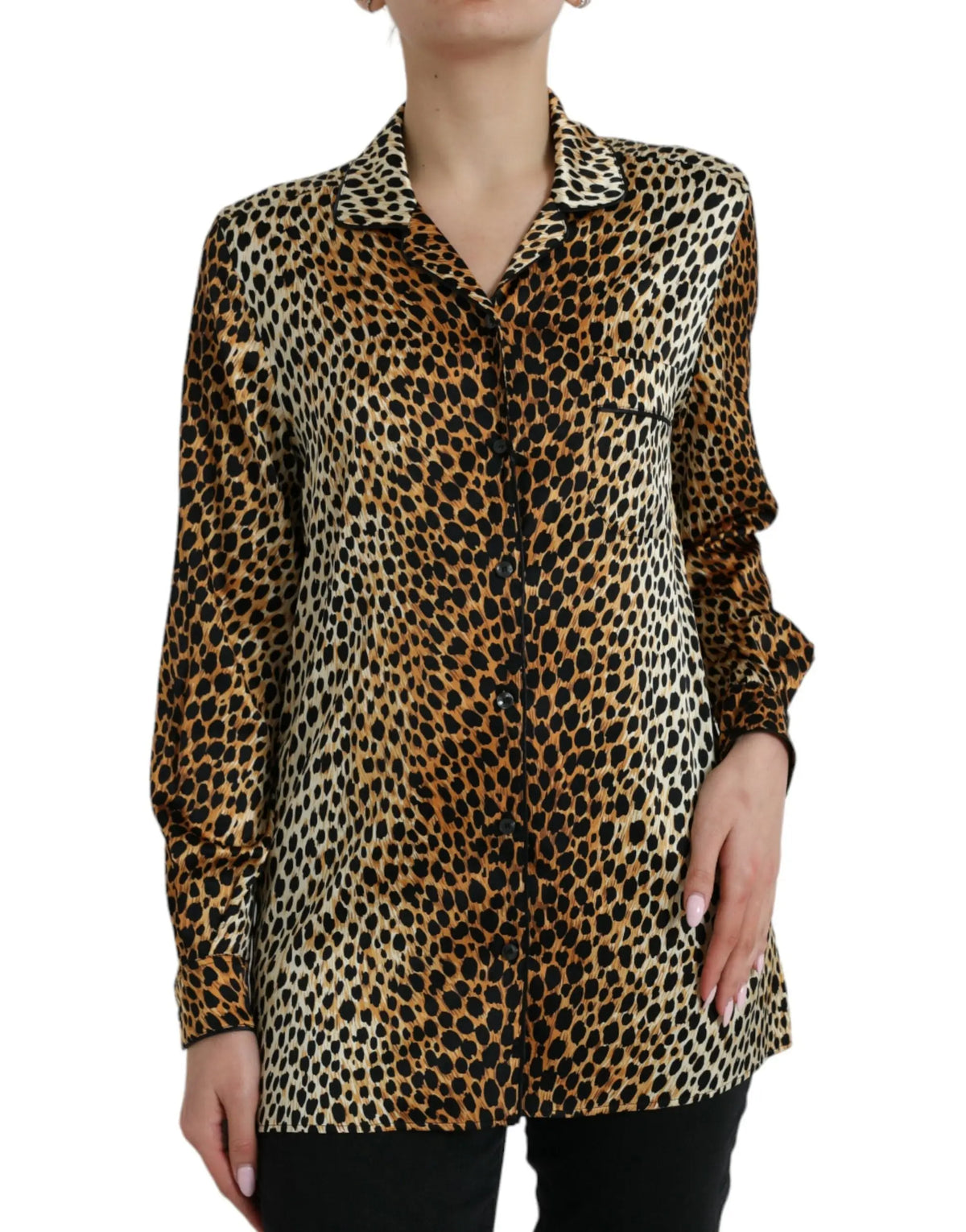 Chemise à manches longues dolce & gabbana imprimé léopard marron en tissu fluide et lisse avec taches noires et tan