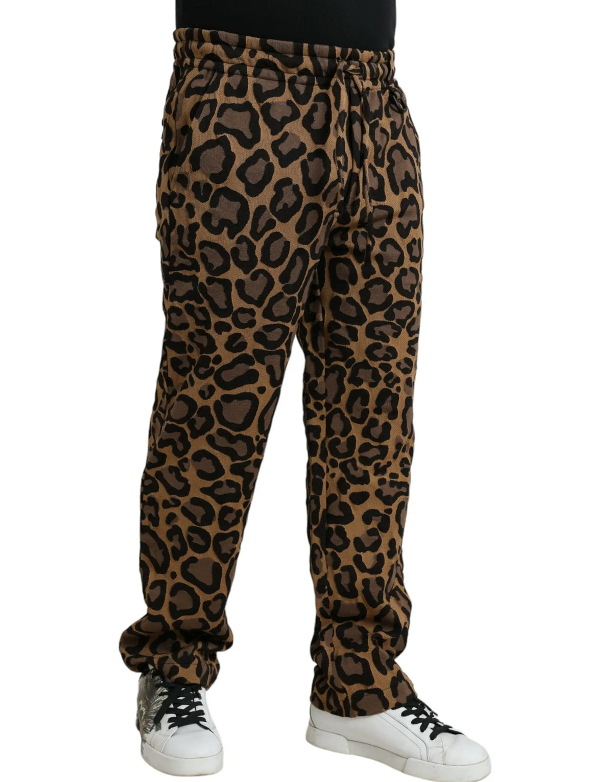 Dolce & gabbana pantalon jogger en polyester marron imprimé léopard avec taille élastique