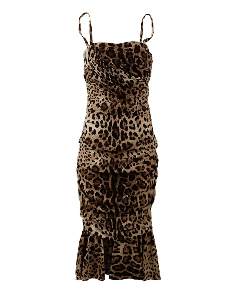 Robe midi ajustée leopard dorée dolce gabbana à fines bretelles et ourlet froncé évasé