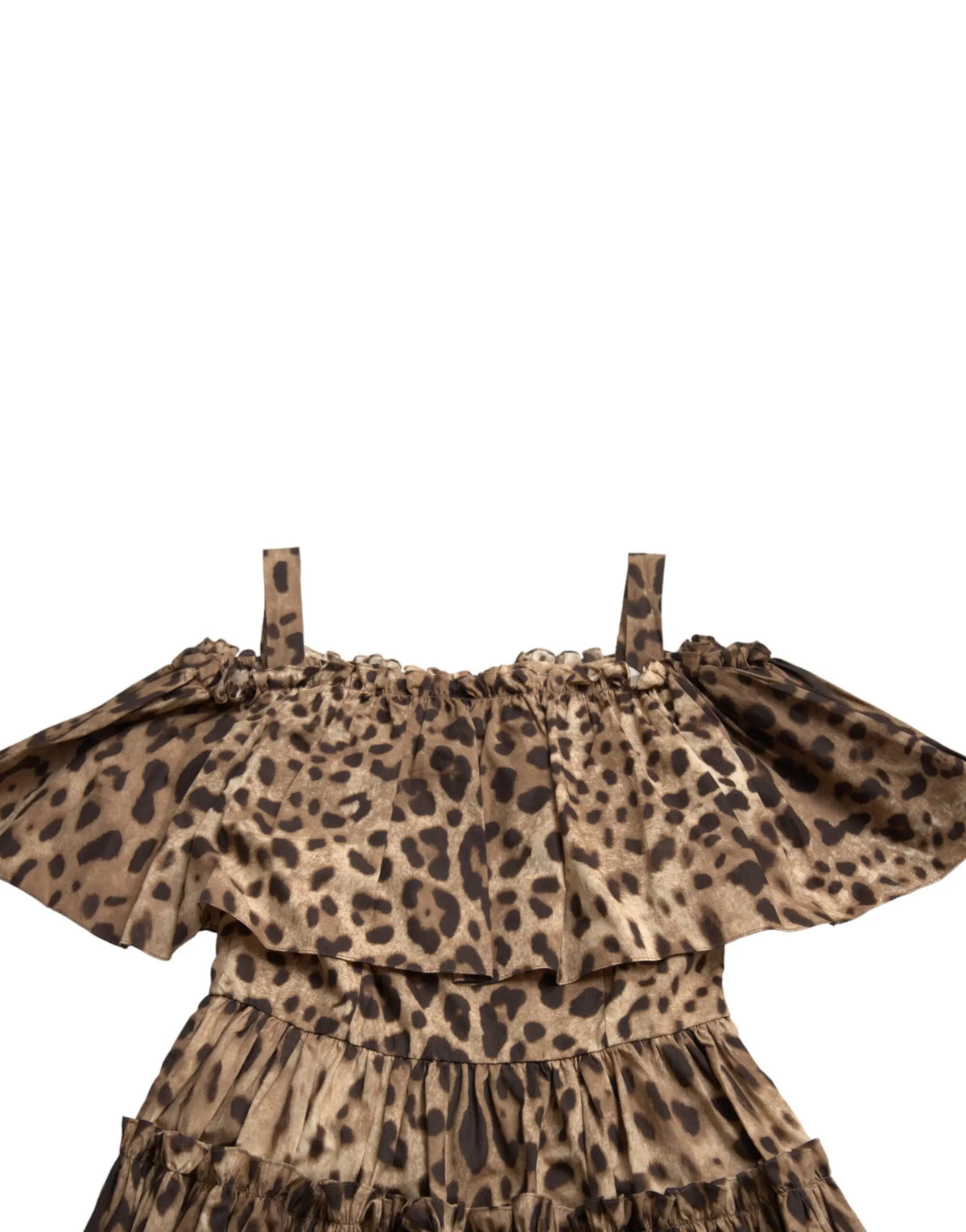 Robe a volants à épaules dénudées dolce & gabbana imprimé léopard marron et beige avec fines bretelles