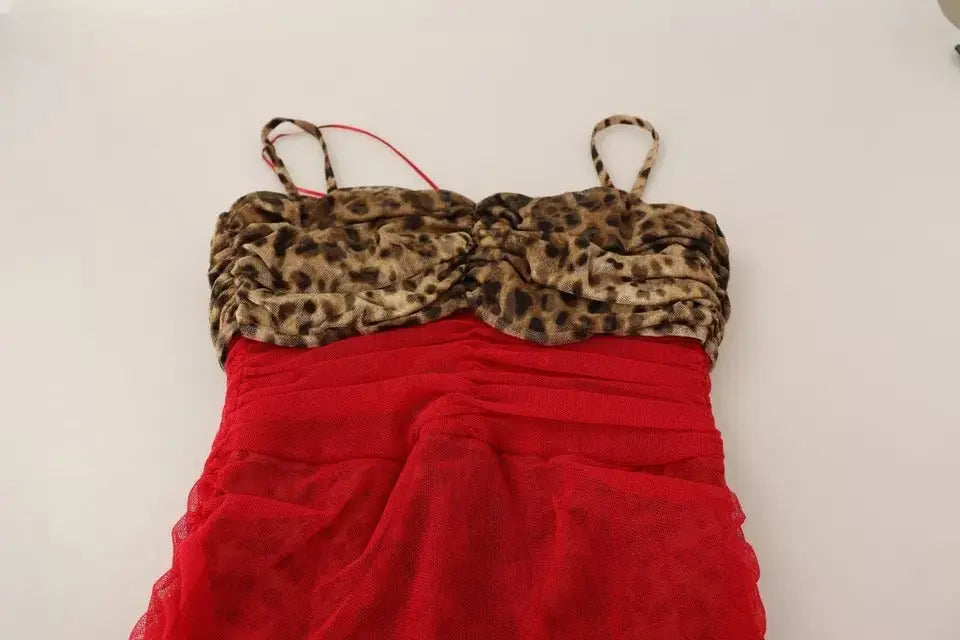 Robe mididoupe rouge et léopard en tulle dolce gabbana avec fronces et bretelles fines