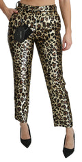 Pantalon taille haute dolce gabbana marron léopard sequins avec finition métallique brillante or et noir
