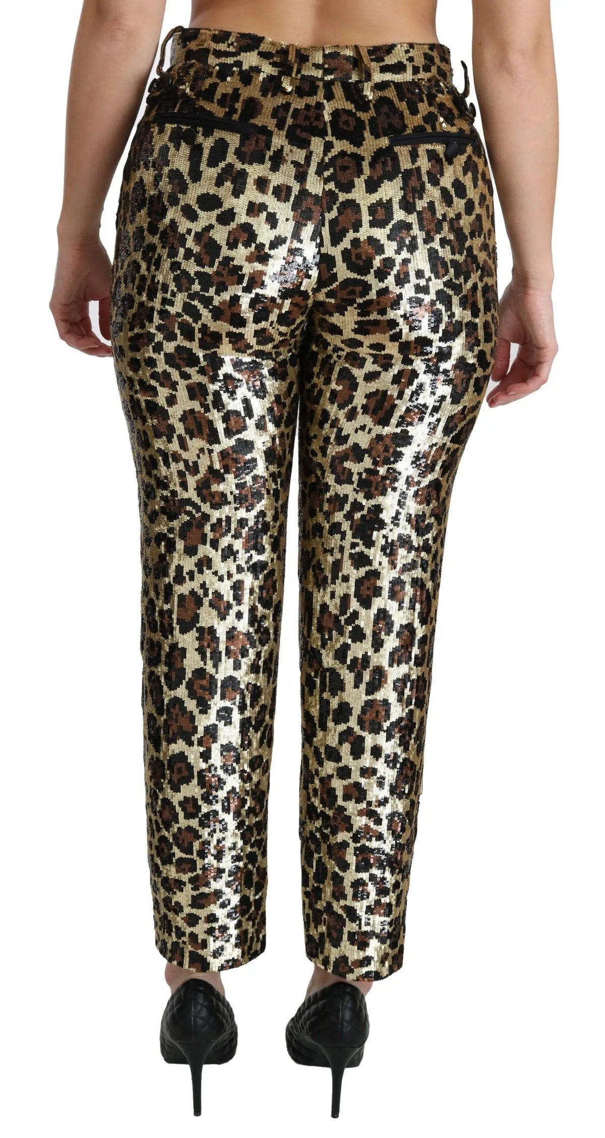 Pantalon taille haute dolce gabbana à sequins léopard marron brillant en or et noir