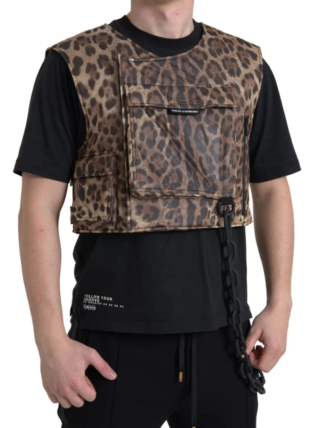 Gilet tactique à imprimé léopard brun dolce & gabbana en soie sans manches avec poches multiples et chaîne noire