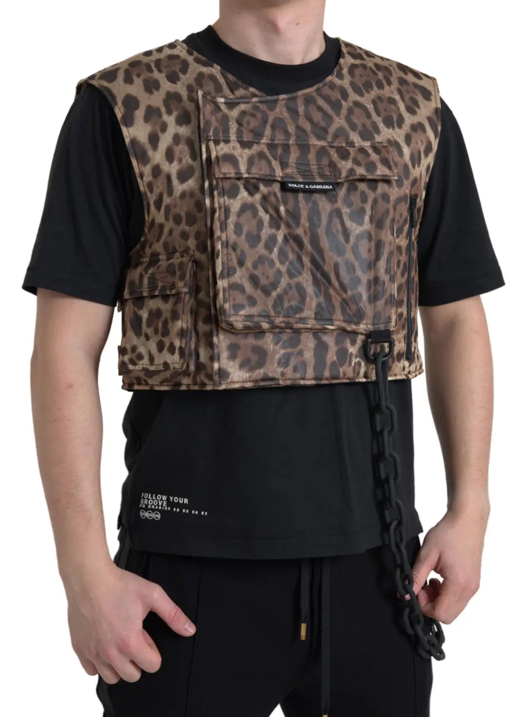 Gilet tactique à imprimé léopard brun dolce & gabbana en soie sans manches avec poches multiples et chaîne noire