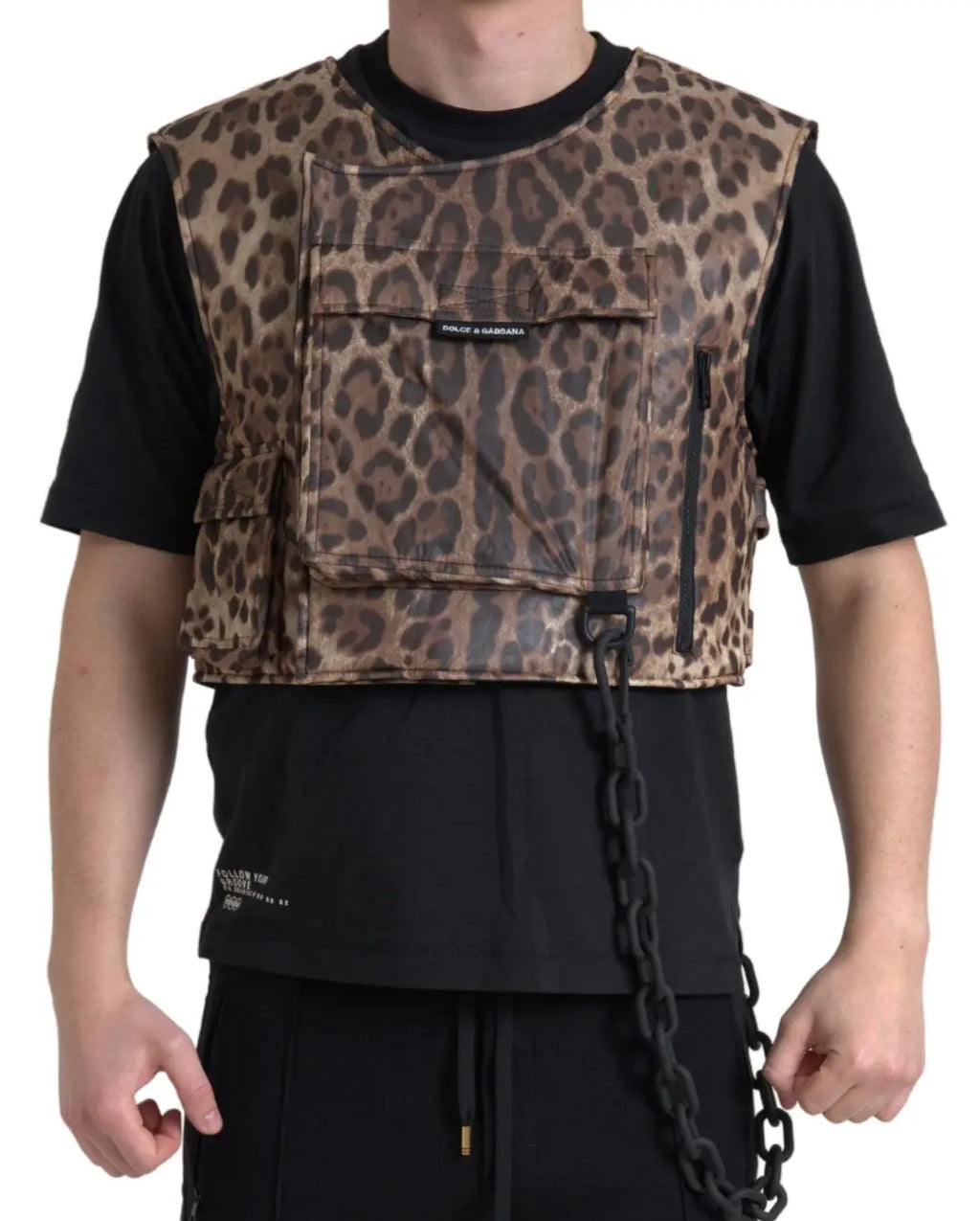 Dolce & gabbana brown leopard silk sleeveless sportswear vest with multiple pockets and black chain detail
