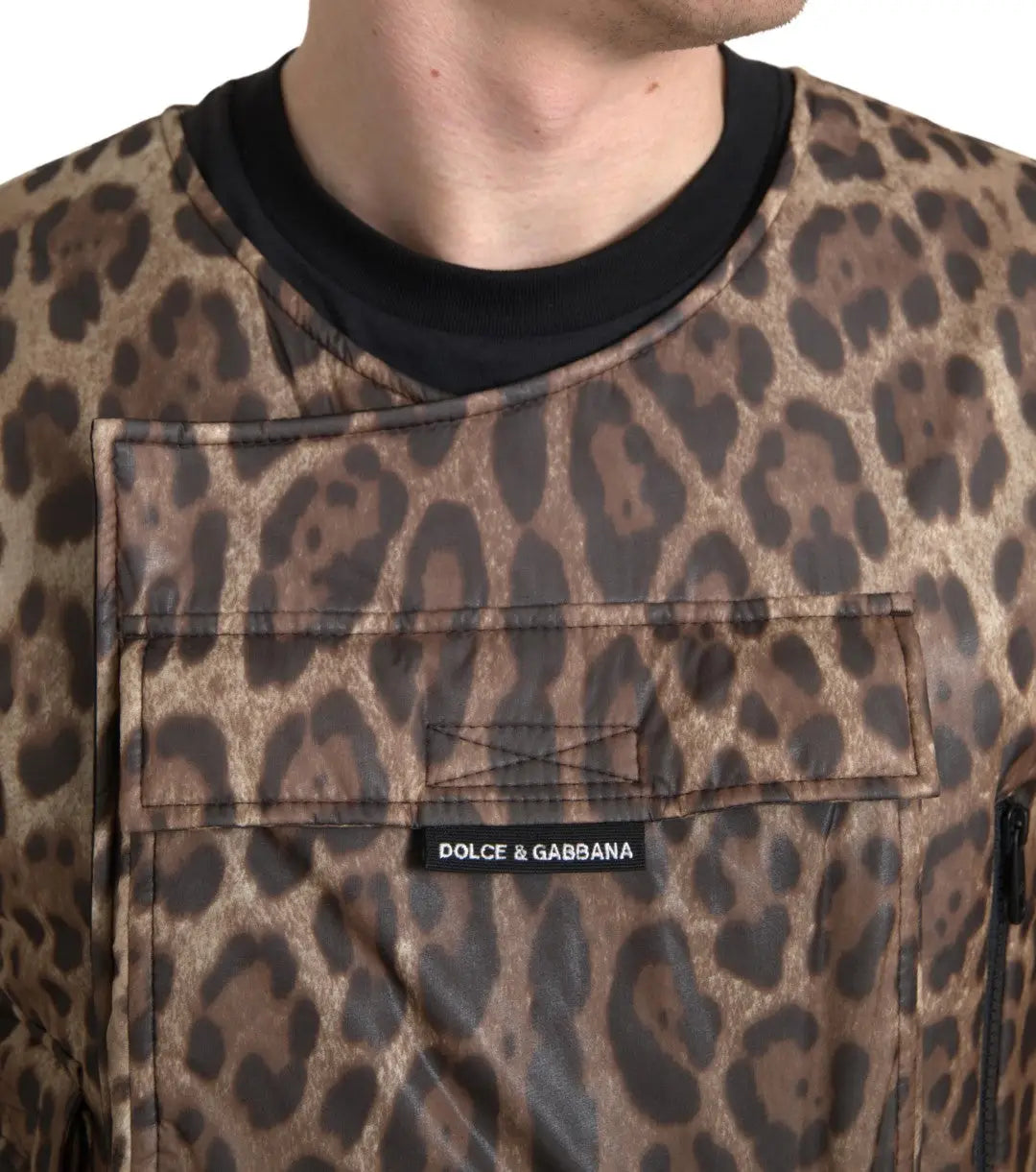 Dolce & gabbana sweat-shirt marron avec imprimé léopard noir en soie sans manches col côtelé noir contrastant