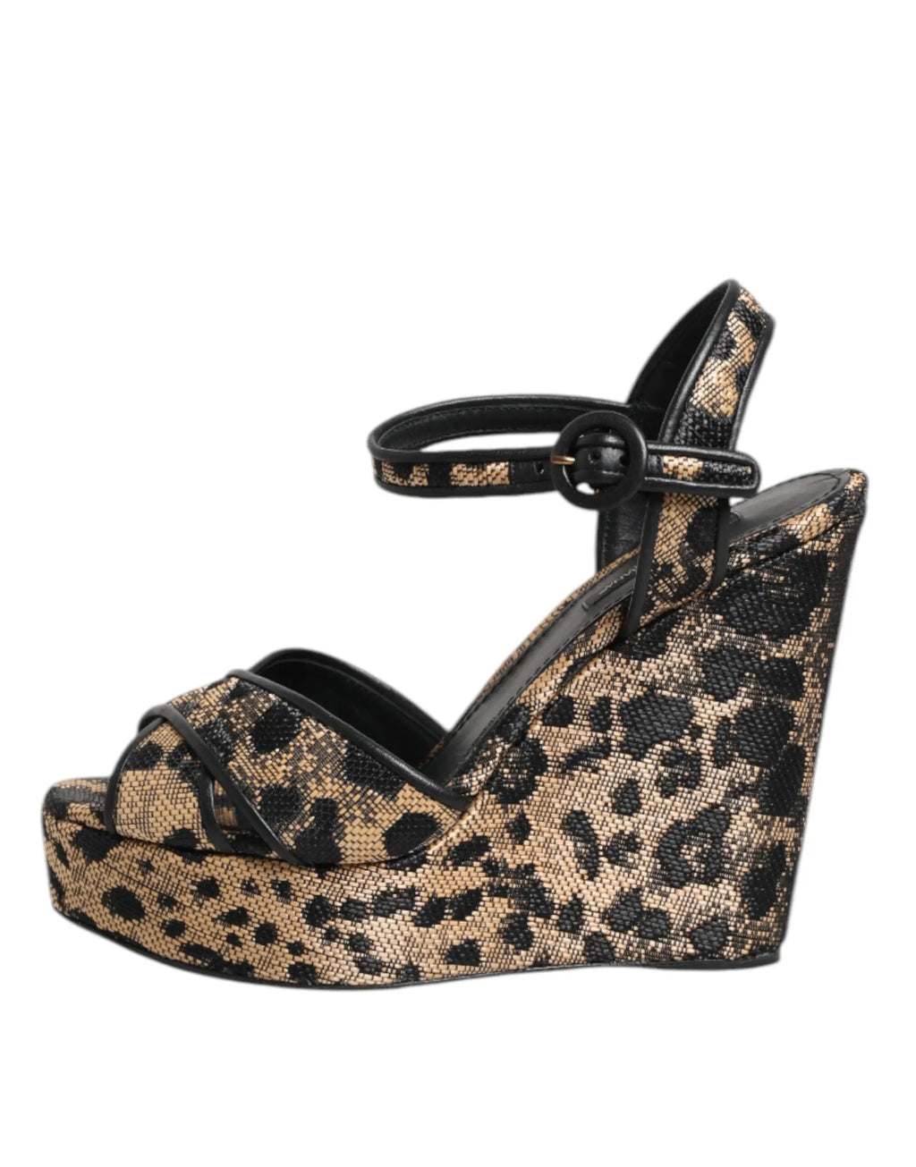 Sandales à talons compensés dolce & gabbana en léopard noir et fauve avec bride cheville noire et boucle