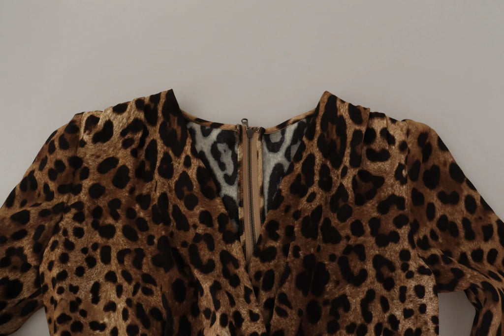 Robe longue en viscose dolce gabbana imprimé léopard marron avec manches longues et fermeture éclair au col