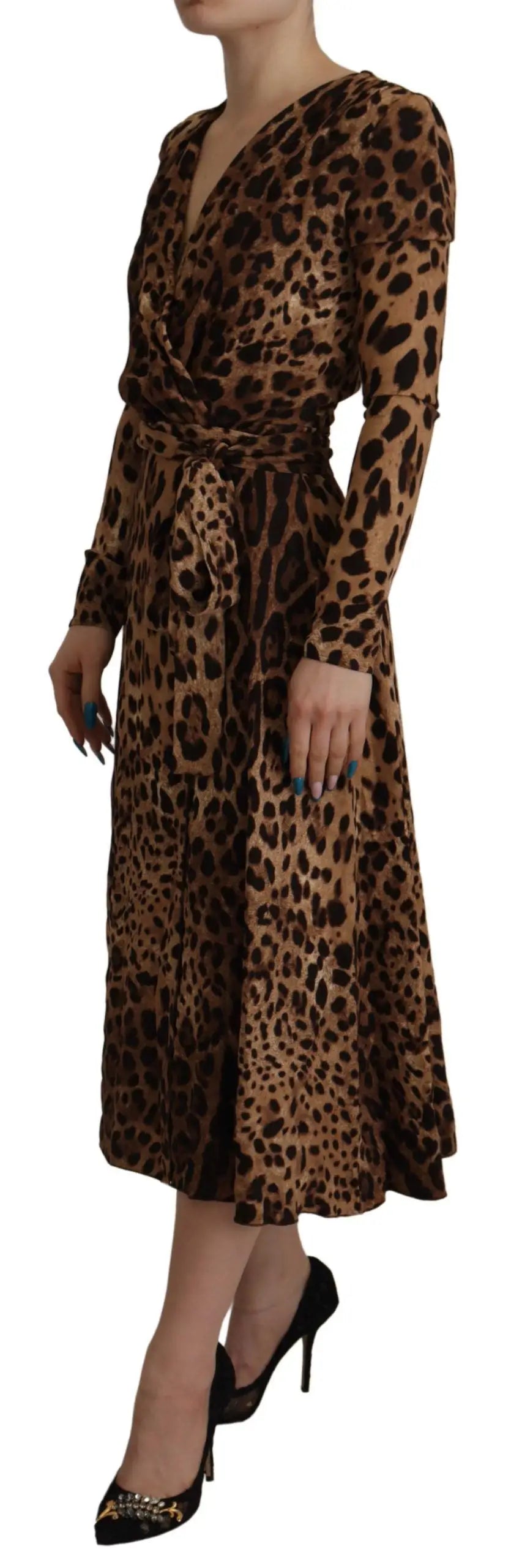 Robe longue portefeuille dolce & gabbana en viscose marron avec imprimé léopard noir ceinture et col en v