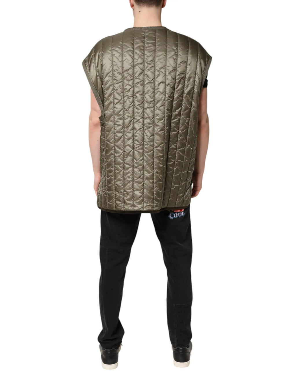 Olive green quilted sleeveless vest with vertical stitching and dolce & gabbana brown logo plaque