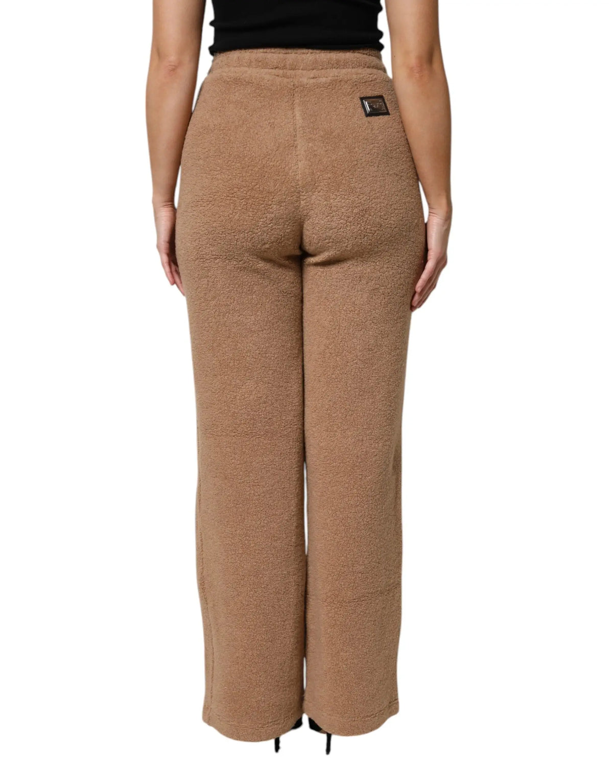 Pantalon droit dolce & gabbana marron en tissu doux et pelucheux avec patch logo noir au dos