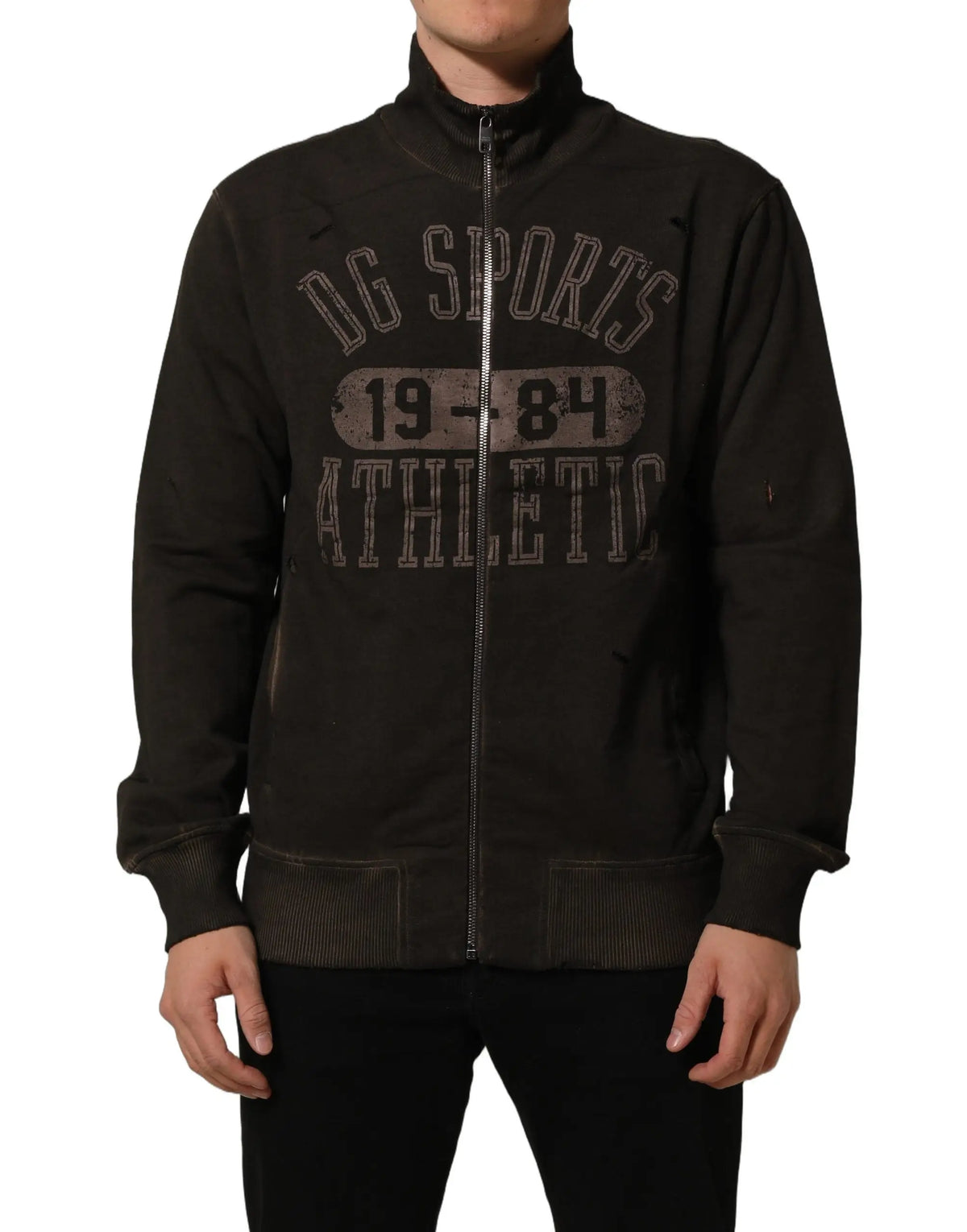 Veste zippée sportive noire dg avec lettrage vintage usé et poignets côtelés dans le sweatshirt dolce gabbana marron à logo imprimé