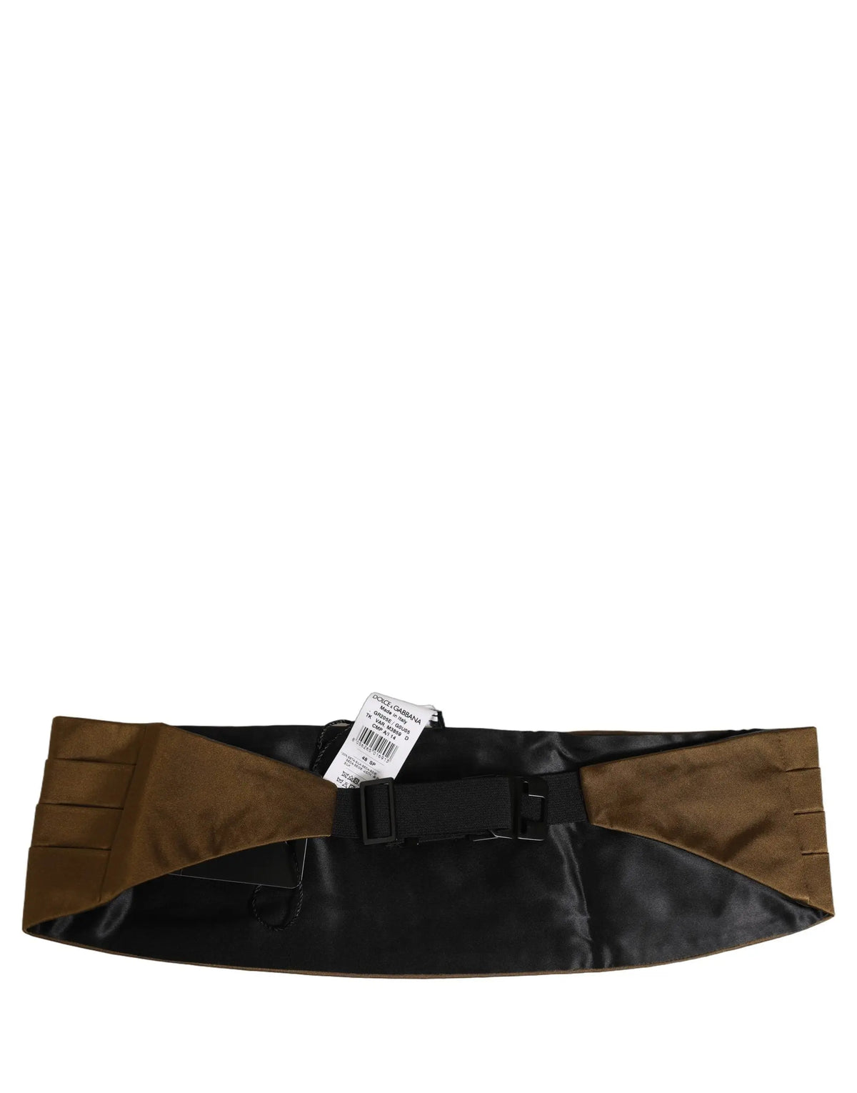 Ceinture cummerbund dolce & gabbana en soie 100 pour cent brun avec boucle noire mate et plis noirs et bruns