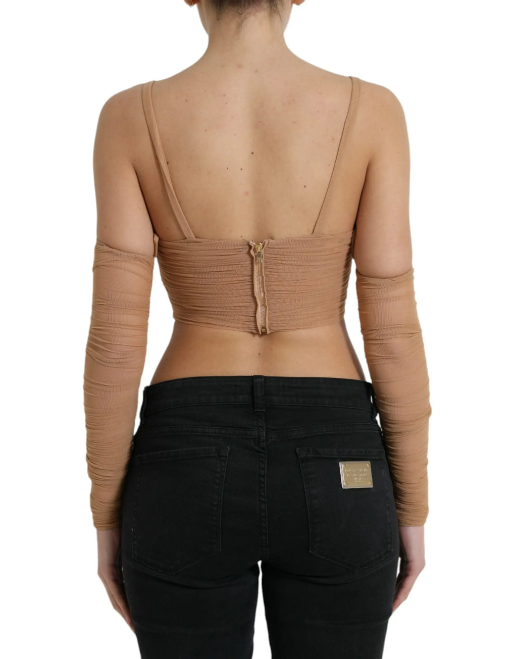 Top court marron dolce & gabbana en nylon stretch avec épaules ouvertes et dos noué central vue arrière