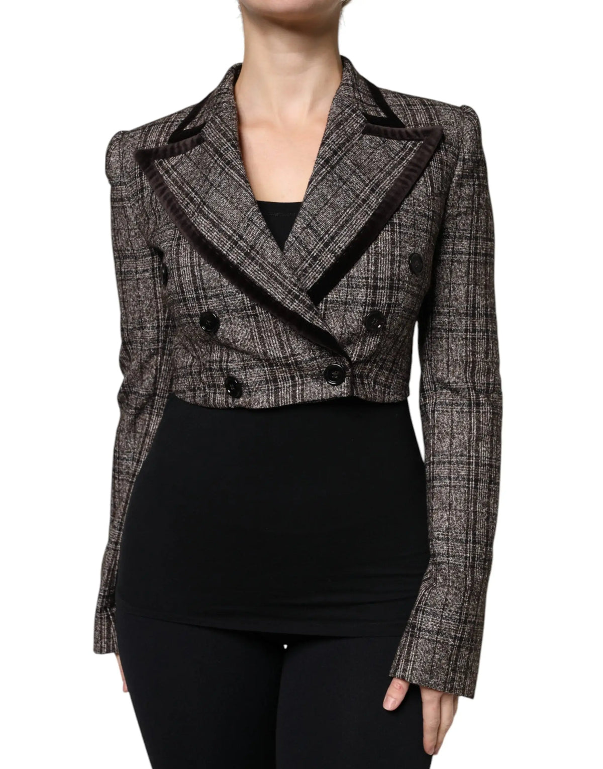 Dolce & Gabbana manteau court à manches longues marron en velours et tissu à carreaux gris et noir texturé