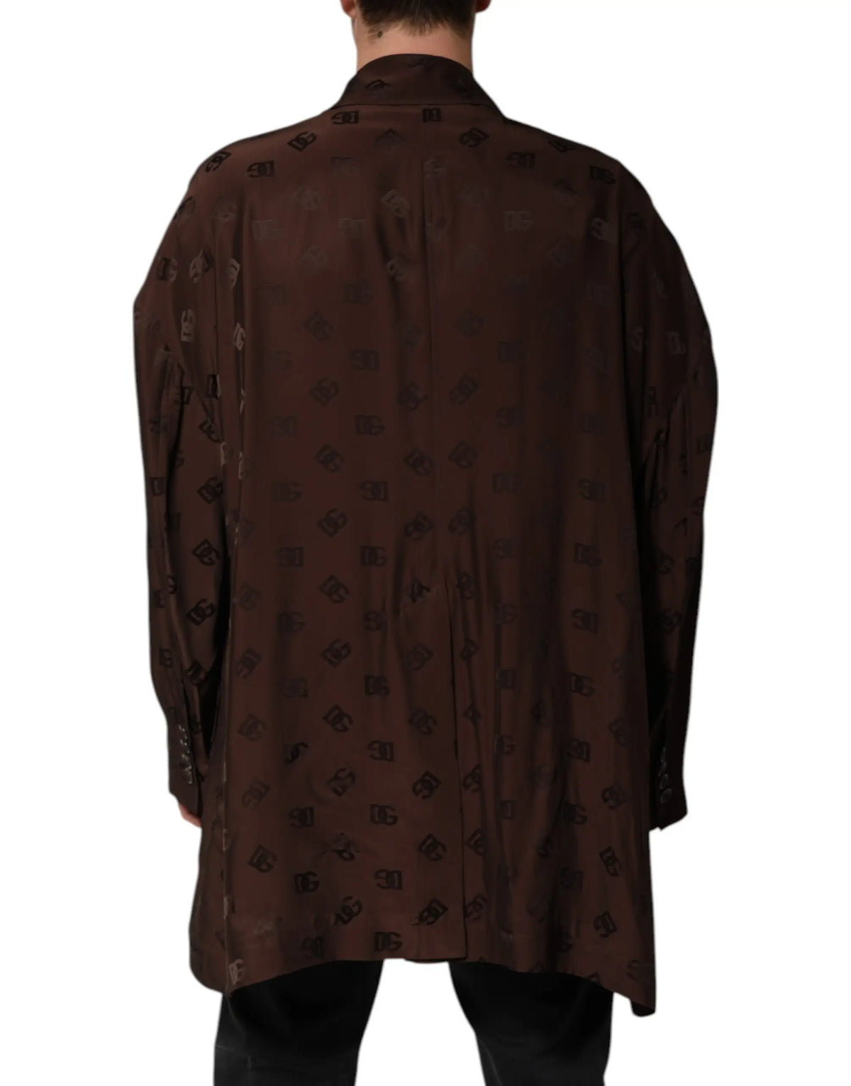 Manteau dolce & gabbana marron en polyester manches longues avec motif monogramme logo subtil sur le tissu
