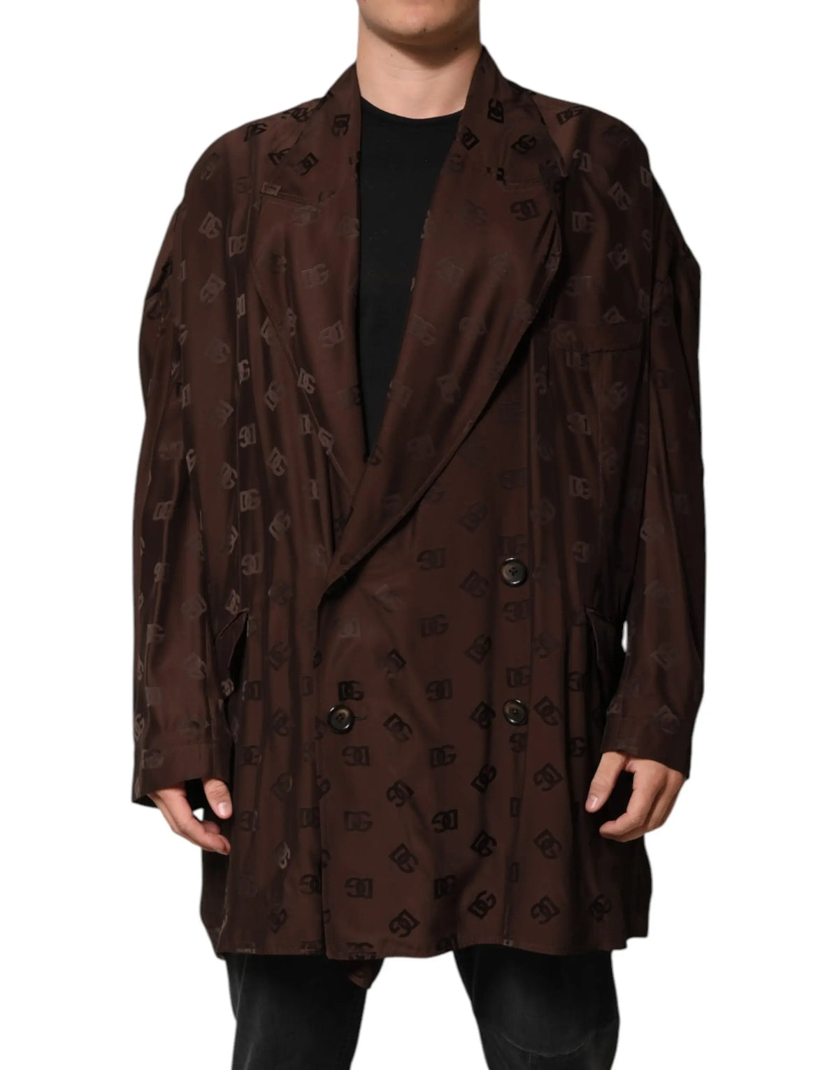 Blazer marron en satin dolce gabbana avec motif logo foncé répétitif et coupe croisée en polyester