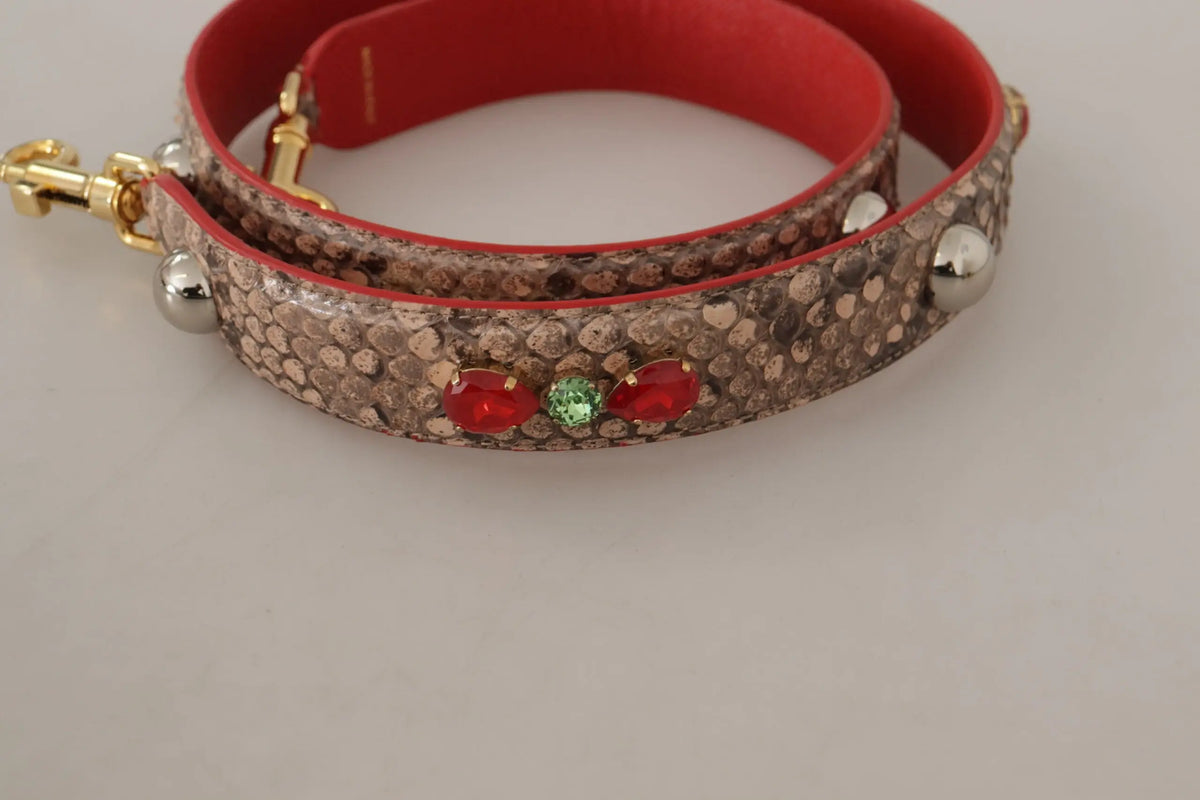 Bride d’épaule dolce & gabbana en cuir python marron avec motifs serpent rouge et or clous argent strass rouges et cristal vert