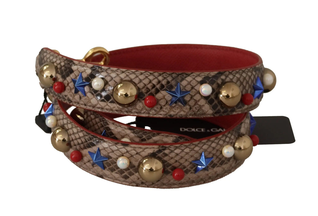 Dolce & gabbana brown python leather shoulder strap with snakeskin pattern gold studs blue stars and red white pearls