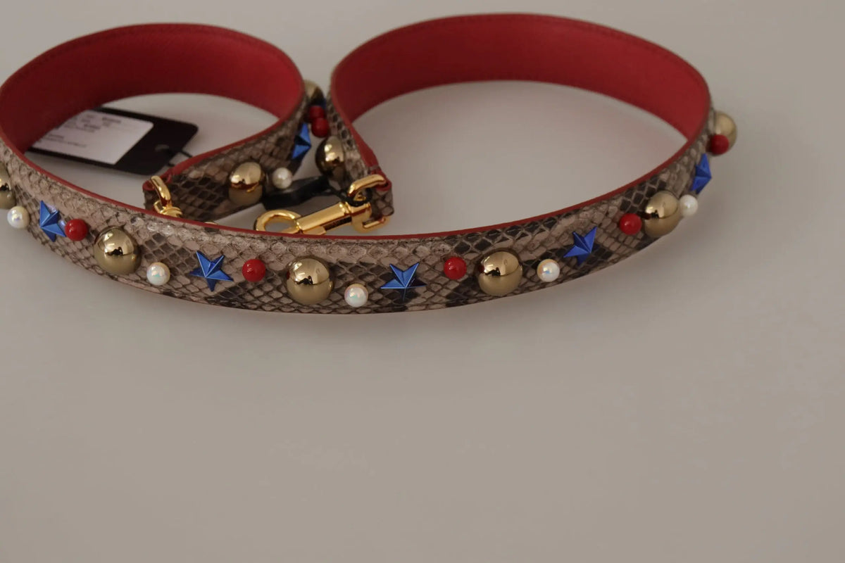 Dolce & gabbana brown python leather shoulder strap with red and brown snakeskin pattern gold studs blue stars red beads and pearls