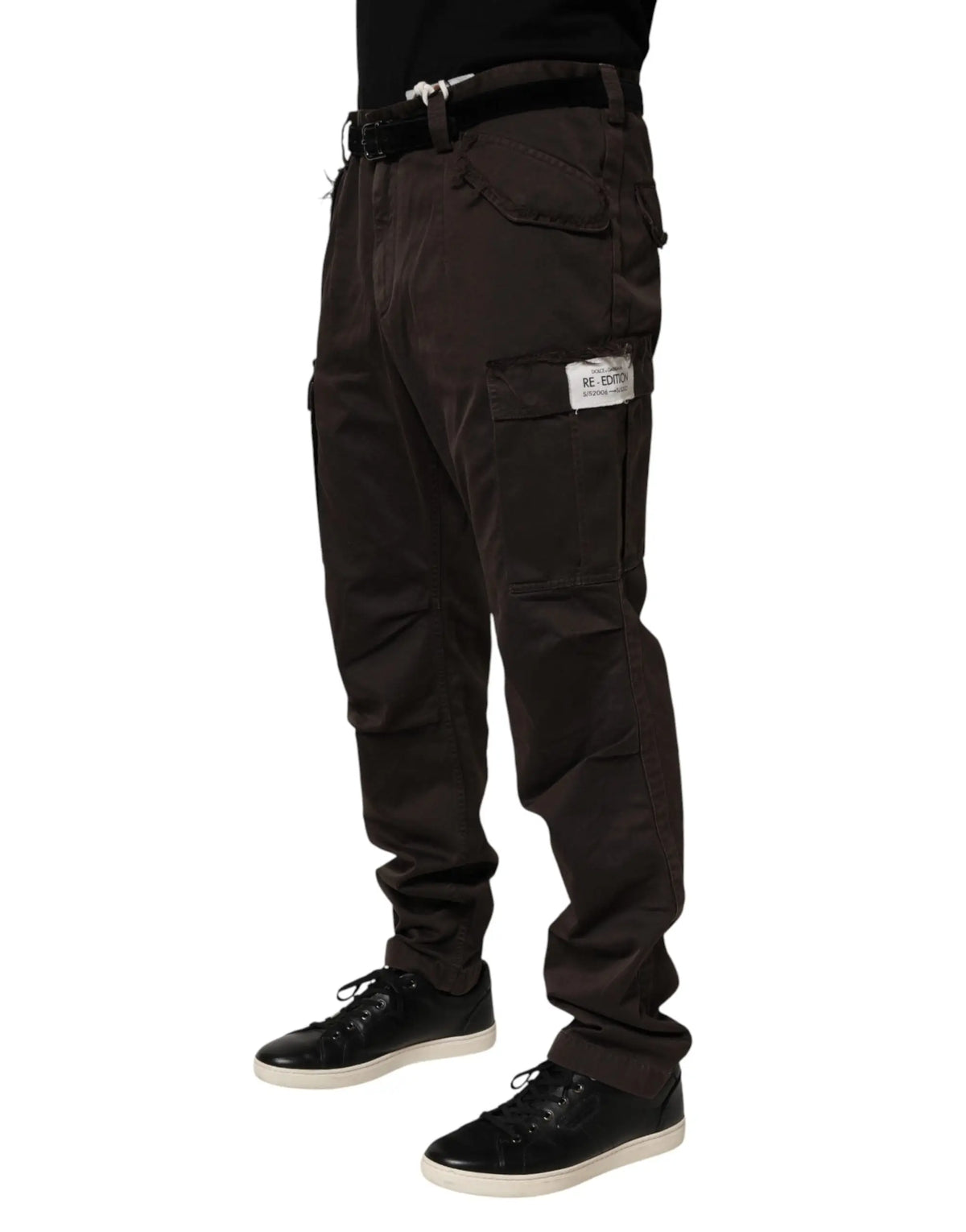 Pantalon cargo dolce & gabbana re edition en coton marron avec multiples poches et étiquette blanche sur la cuisse