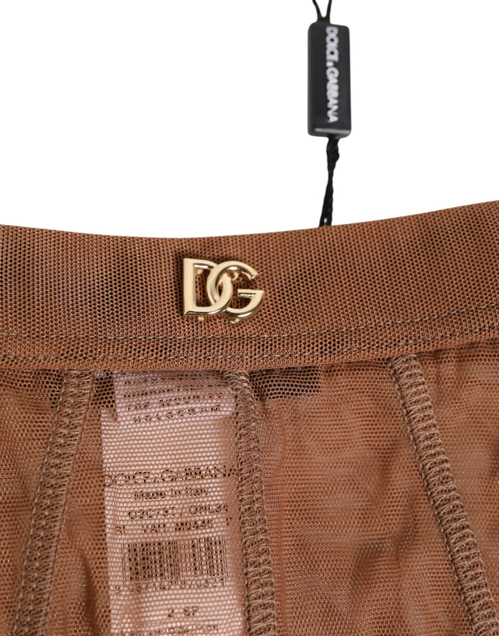 Jupe en mesh marron avec plaque logo doré dg à la taille dolce gabbana transparente taille haute