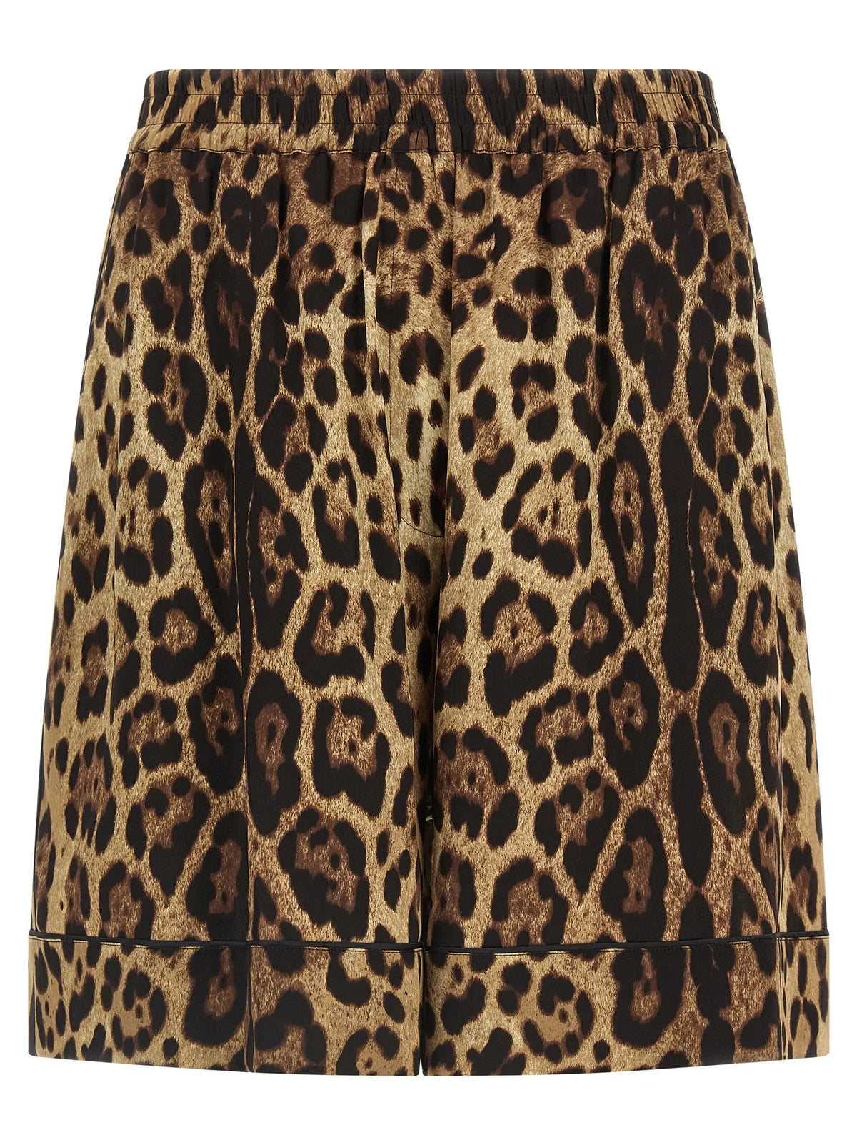 Shorts bermuda en soie marron dolce & gabbana à taille haute imprimé léopard avec taille élastique et ourlet retroussé