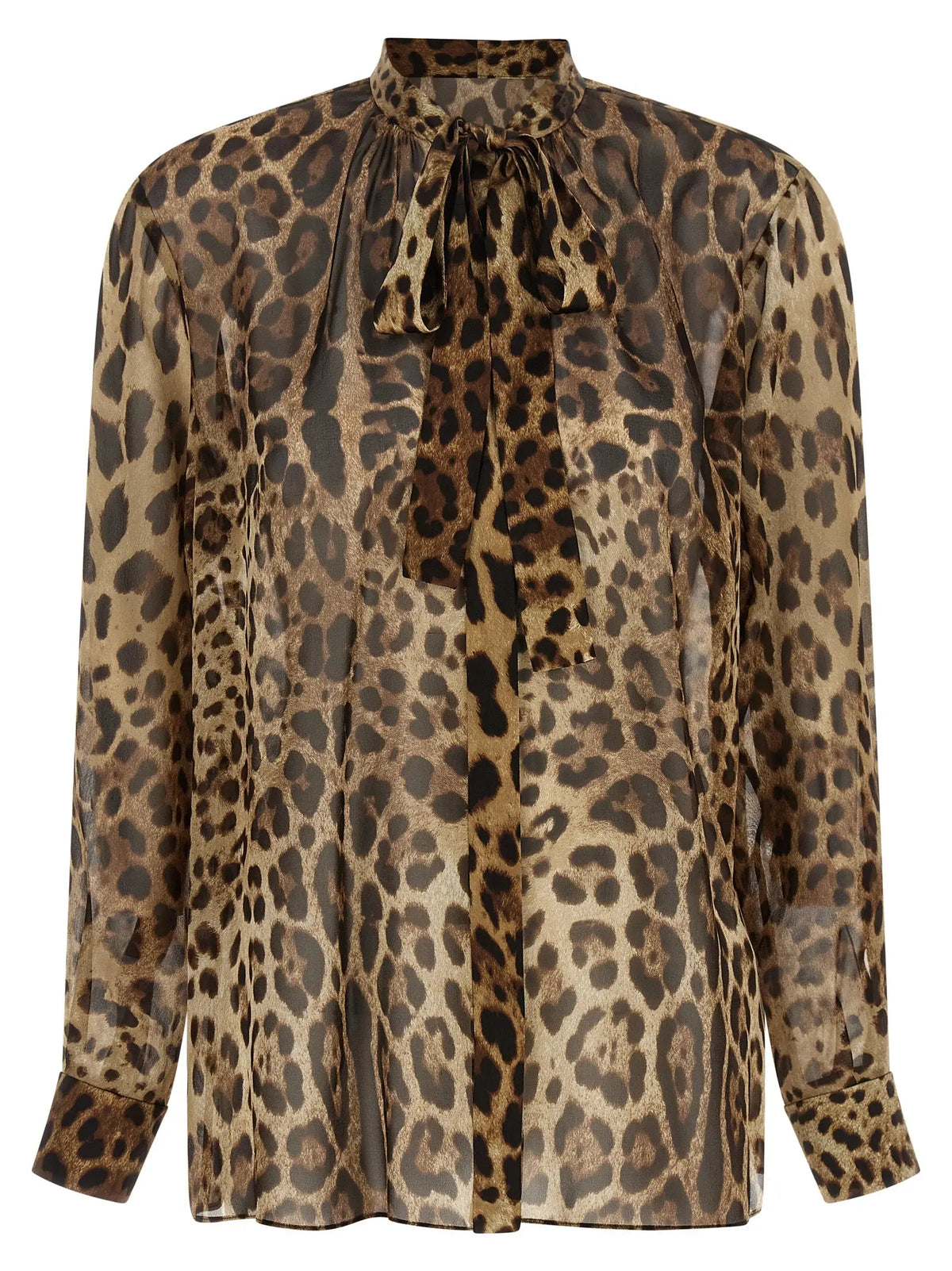 Blouse en soie dolce & gabbana pour femme à manches longues avec imprimé léopard marron et noeud au col