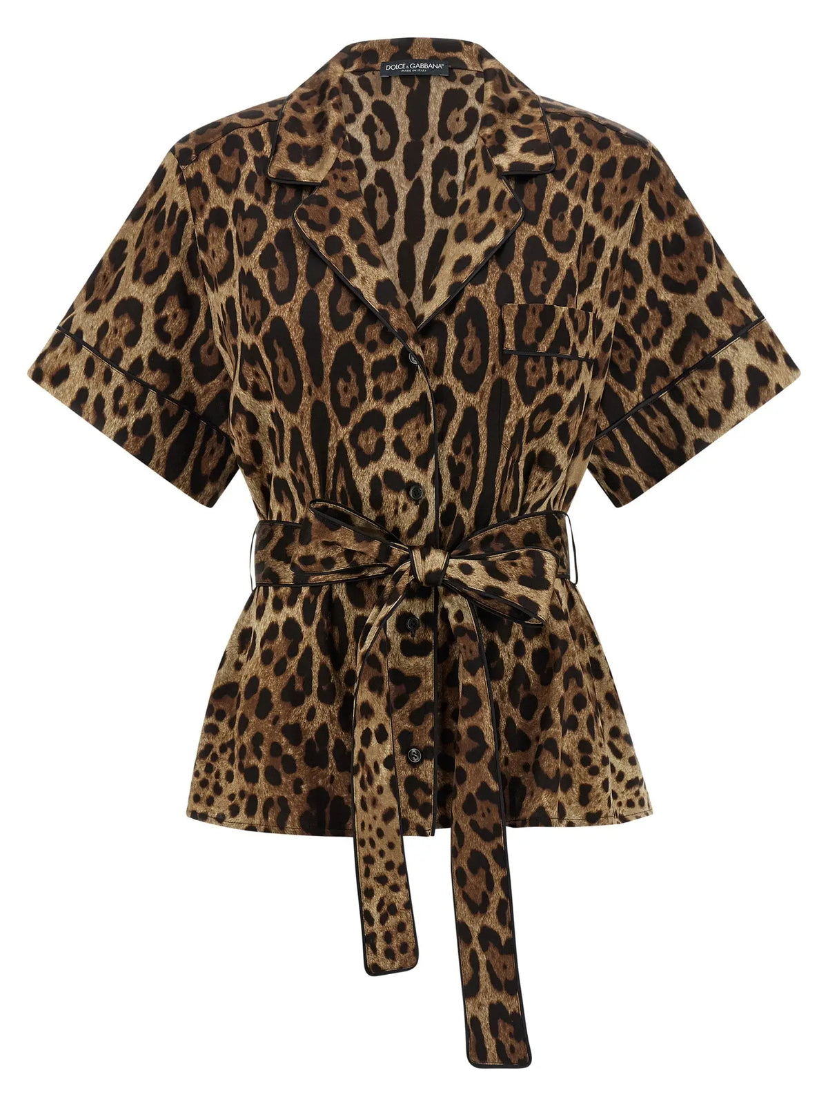 Blouse dolce & gabbana en soie marron à manches courtes avec imprimé léopard ceinture et boutonnage devant