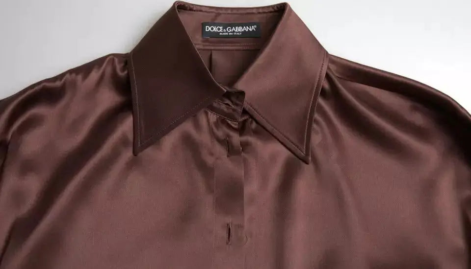 Chemise dolce gabbana marron satinée en soie avec col net et manches longues élégantes