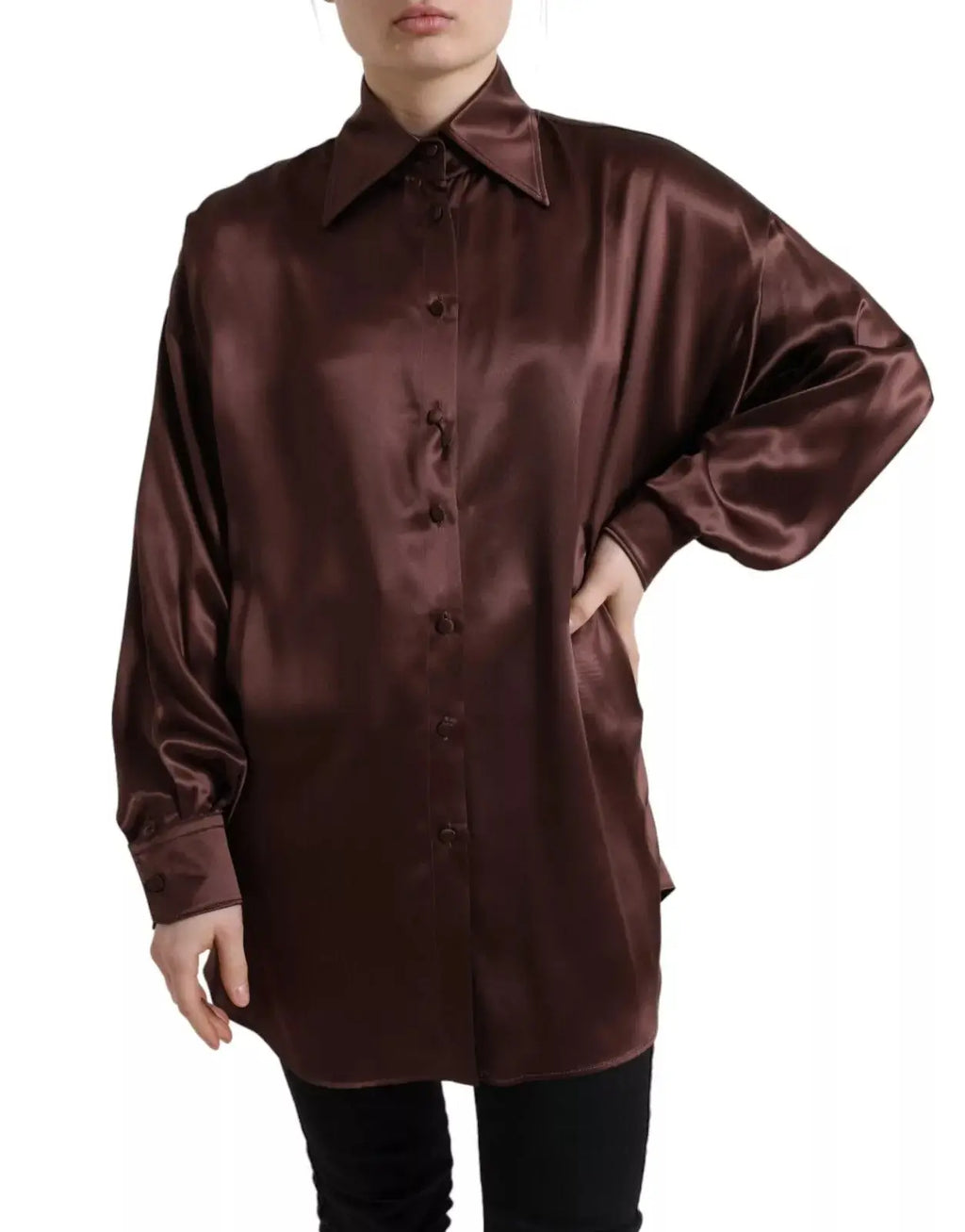 Blouse dolce & gabbana en satin marron foncé à manches longues et coupe décontractée en soie