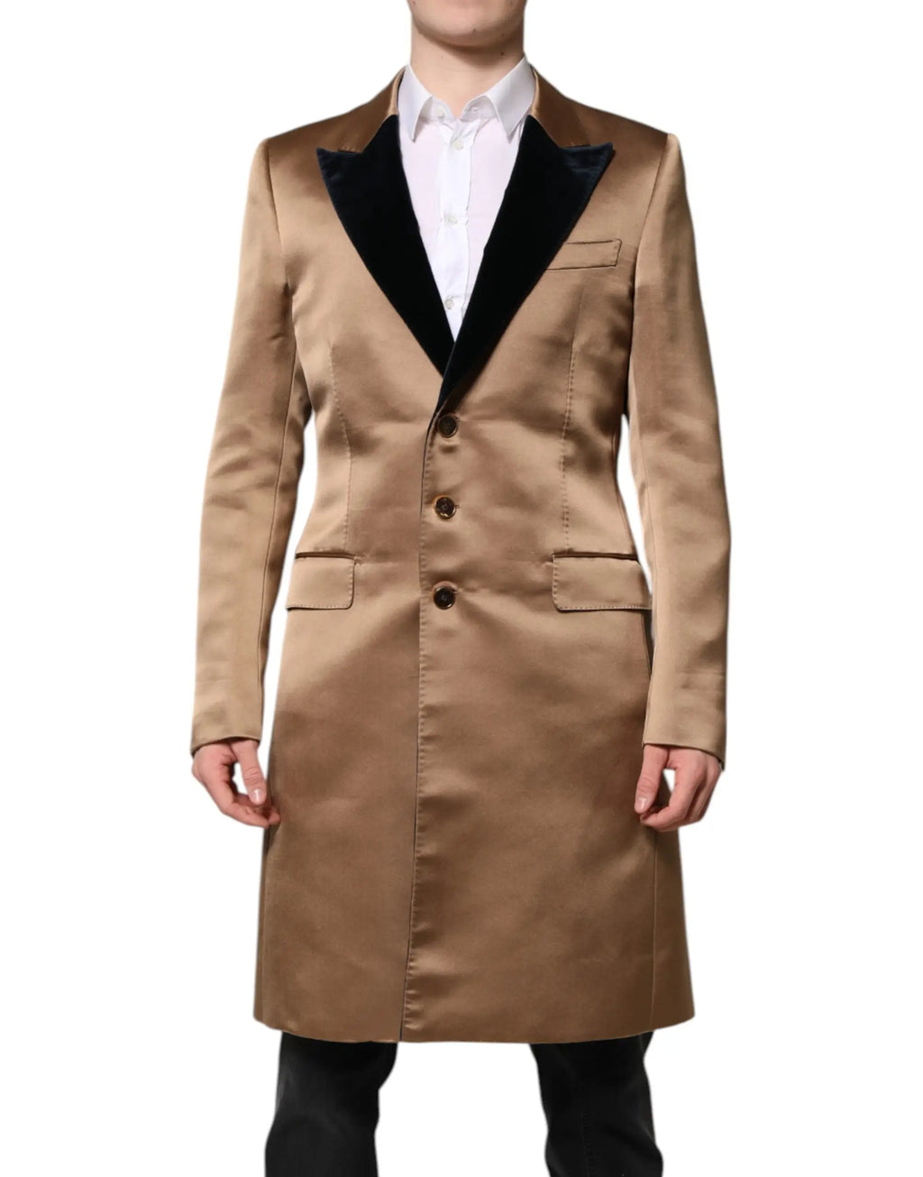 Dolce & gabbana trench coat en satin camel avec col en velours noir et boutons assortis en soie marron