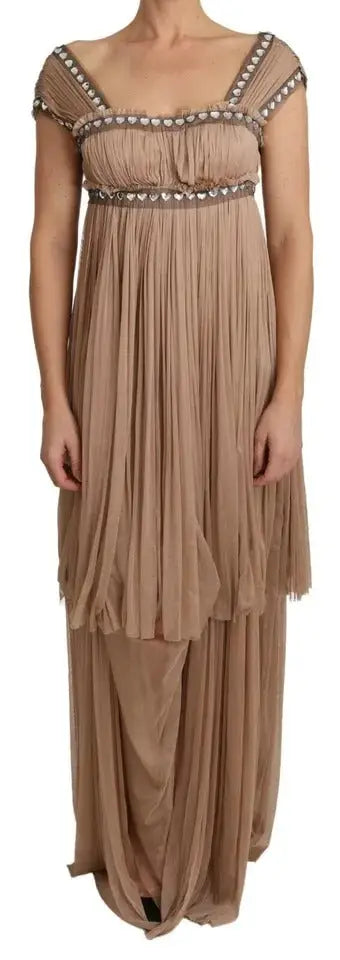 Robe longue taupe plissée en soie dolce & gabbana avec bretelles perlées et ceinture assortie épaules dénudées
